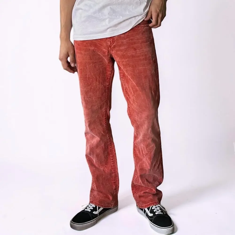 True Religion Geno Relaxed Slim Acid Mineral Wash Corduroy Pants Red Orange 32